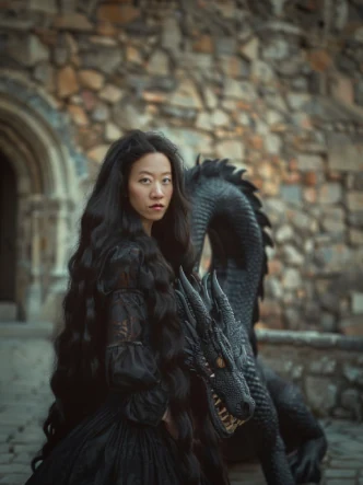Guest reimagined beside a dragon at a castle gate — Dragon style