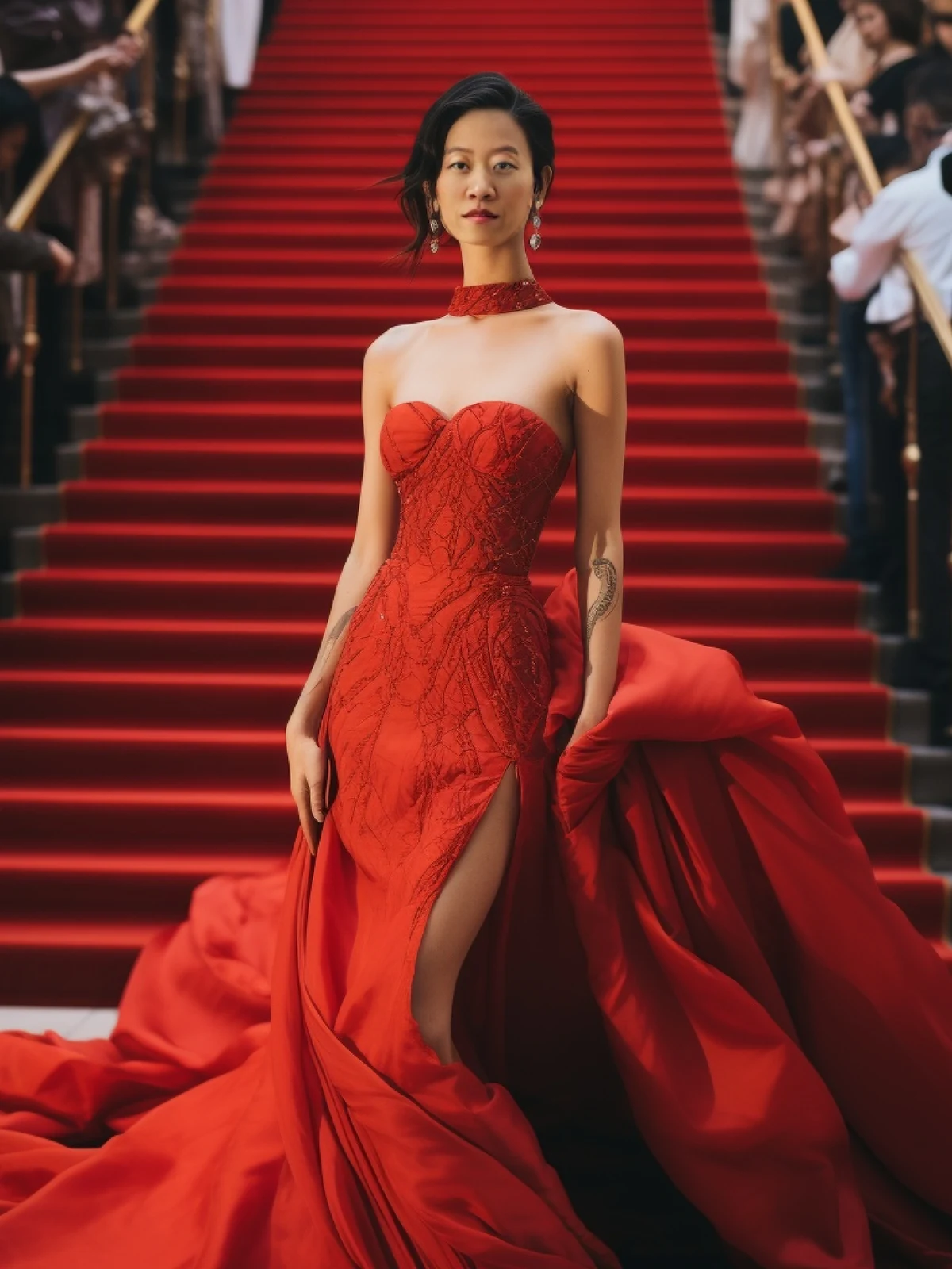 Guest reimagined on the red carpet in a scarlet gown — Premiere style